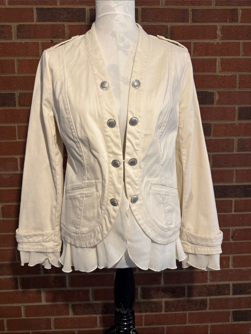 Chico's Cream Double-Breasted Ruffle-Hem Military Blazer